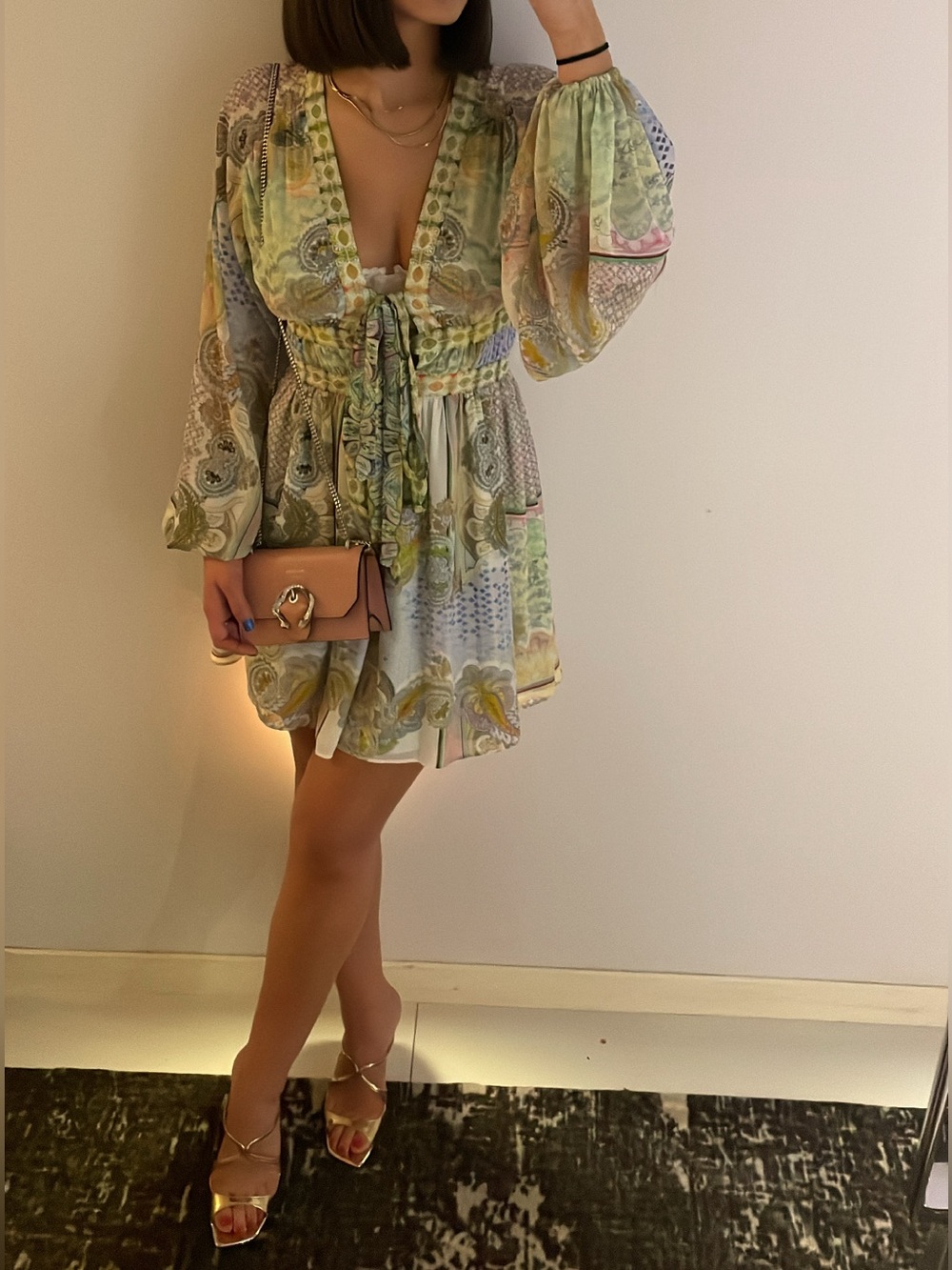 Alexis Tessie Rococco Paisley Tie Front Long Sleeve Mini Green Dress Size XS
